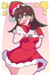Rule 34 | 1girl, absurdres, bare shoulders, blush, breasts, brown hair, buzzlyears, collarbone, dress, earrings, fang, gloves, green eyes, hat, highres, jewelry, long hair, looking at viewer, medium breasts, mega man (series), mega man legends (series), open mouth, red dress, red gloves, red hat, santa costume, santa hat, skull earrings, smile, solo, tron bonne (mega man)