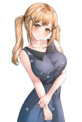 Rule 34 | 1girl, absurdres, bang dream!, bare arms, bare shoulders, belt, black belt, blonde hair, blue dress, blush, breasts, buttons, closed mouth, collarbone, commentary, cowboy shot, dress, floral print, furiousghafo, hair ornament, hand on own wrist, head tilt, highres, ichigaya arisa, large breasts, long hair, looking at viewer, print dress, sidelocks, simple background, sleeveless, sleeveless dress, solo, standing, twintails, white background, x hair ornament, yellow eyes