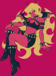 Rule 34 | 1girl, :d, armlet, black footwear, black skirt, blonde hair, boots, bracelet, breasts, cleavage, collar, colored skin, commentary, demon girl, demon horns, demon wings, fang, fingernails, hand on own knee, high heel boots, high heels, highres, horns, jewelry, knee boots, long fingernails, long hair, looking at viewer, medium breasts, midriff, miniskirt, navel, open mouth, panty &amp; stocking with garterbelt, pikurusu, red background, red horns, red skin, red theme, scanty (psg), side slit, sitting, skirt, smile, solo, spiked bracelet, spiked collar, spikes, very long hair, wavy hair, wings, yellow eyes