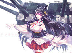 Rule 34 | 10s, 1girl, bare shoulders, black hair, blush, breasts, cannon, character name, detached sleeves, english text, fusou (kancolle), hair ornament, japanese clothes, kantai collection, large breasts, long hair, nishimura eri, nontraditional miko, obi, personification, red eyes, sash, skirt, smile, turret