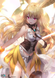 Rule 34 | 1girl, absurdres, angel, angel wings, animal ears, armor, blonde hair, boots, bracelet, breasts, cleavage, commentary request, cowboy shot, energy wings, fate/grand order, fate (series), faulds, head wings, highres, jewelry, kyjsogom, long hair, looking at viewer, pixiv username, shield, solo, thigh boots, thighhighs, thrud (fate), valkyrie, valkyrie (fate), wings