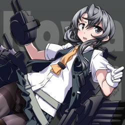 Rule 34 | 1girl, 547th sy, adapted turret, asymmetrical hair, text background, belt, black pantyhose, black skirt, black vest, cannon, character name, commentary request, cowboy shot, flipped hair, gloves, grey background, grey eyes, highres, kantai collection, long hair, machinery, necktie, nowaki (kancolle), panties, panties under pantyhose, pantyhose, pleated skirt, school uniform, shirt, short sleeves, silver hair, skirt, solo, swept bangs, torpedo launcher, turret, underwear, vest, white gloves, white shirt, yellow necktie