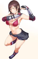 Rule 34 | 1girl, arm up, armpits, belt, bikini, bikini top only, black shorts, boots, breasts, brown hair, cleavage, clothes around waist, elbow pads, fingerless gloves, foreshortening, full body, gloves, gradient background, grin, hand guard, hand on own shoulder, highres, hiiragi yuuichi, kazama asuka, knee boots, kneehighs, large breasts, looking at viewer, midriff, navel, purple eyes, red bikini, red footwear, red socks, shirt, shirt around waist, short hair, short shorts, shorts, simple background, smile, socks, solo, standing, standing on one leg, stomach, swimsuit, teeth, tekken, white background