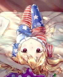 Rule 34 | 1girl, :t, american flag dress, american flag legwear, bad id, bad pixiv id, bed sheet, blonde hair, blush, cheunes, clownpiece, dress, fairy wings, hat, highres, jester cap, long hair, looking at viewer, lying, neck ruff, on back, on bed, pantyhose, pillow, polka dot, pout, red eyes, short dress, short sleeves, solo, star (symbol), star print, striped clothes, striped pantyhose, touhou, upside-down, wings