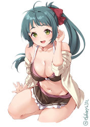 Rule 34 | 1girl, arm behind head, bikini, blush, breasts, cleavage, cowboy shot, ebifurya, front-tie bikini top, front-tie top, green hair, hair ribbon, highres, irako (kancolle), kantai collection, large breasts, long hair, navel, ponytail, ribbon, simple background, smile, solo, swimsuit, thighs, twitter username, white background, yellow eyes