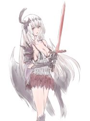 Rule 34 | 10s, 1girl, black gloves, black wings, breasts, camisole, collarbone, dark jeanne, dark persona, demon wings, elbow gloves, feather hair ornament, feathers, gloves, granblue fantasy, hair between eyes, hair ornament, holding, holding sword, holding weapon, jeanne d&#039;arc (granblue fantasy), kitsuka (kitsuka 11), long hair, low wings, medium breasts, miniskirt, red skirt, simple background, skirt, solo, sword, weapon, white background, wings