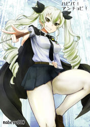 Rule 34 | 1girl, anchovy (girls und panzer), anzio school uniform, belt, birthday, black belt, black necktie, black ribbon, black skirt, blouse, brown eyes, cape, character name, commentary, dress shirt, drill hair, emblem, girls und panzer, green hair, hair ribbon, hand on own hip, happy birthday, highres, holding, legs, long hair, long sleeves, looking at viewer, miniskirt, nabeyu, necktie, pantyhose, pleated skirt, ribbon, riding crop, school uniform, shirt, skirt, smirk, solo, standing, standing on one leg, thighs, translated, twin drills, twintails, v, white pantyhose, white shirt, wing collar