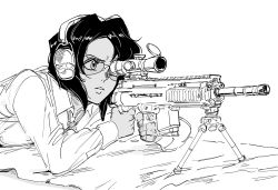 Rule 34 | 1girl, aiming, bad id, bb (baalbuddy), closed mouth, collared shirt, commentary, dark-skinned female, dark skin, earmuffs, english commentary, finger on trigger, frown, greyscale, gun, gunsmith cats, highres, holding, holding gun, holding weapon, inactive account, long sleeves, monochrome, necktie, rally vincent, rifle, safety glasses, shirt, short hair, simple background, sniper rifle, solo, weapon, white background, wing collar