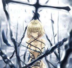 Rule 34 | 1girl, absurdres, blonde hair, bound, bound wrists, breasts, bruise, chain, chained, closed mouth, commentary request, convenient censoring, fate (series), fuu (fuore), hair between eyes, highres, injury, jeanne d&#039;arc (fate), jeanne d&#039;arc alter (avenger) (fate), jeanne d&#039;arc alter (fate), looking at viewer, medium breasts, nude, restrained, solo, yellow eyes