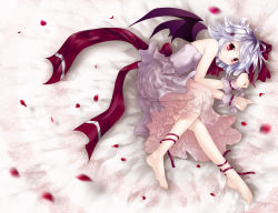 Rule 34 | 1girl, bat wings, bow, breasts, colorized, dacho, feet, highres, leg ribbon, lying, n3 (daeraher), red eyes, remilia scarlet, ribbon, small breasts, solo, touhou, wings, wrist cuffs
