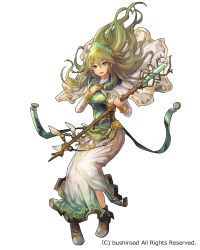Rule 34 | 1girl, bushiroad, cape, geetgeet, green eyes, green hair, holding, holding staff, long hair, official art, original, robe, solo, staff, white background