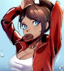 Rule 34 | 1girl, arms up, asahina aoi, blue background, blue eyes, blush, breasts, brown hair, cleavage, collarbone, danganronpa: trigger happy havoc, danganronpa (series), dark-skinned female, dark skin, datcravat, doughnut, food, gradient background, hair ornament, hairclip, jacket, large breasts, long sleeves, looking at viewer, mouth hold, open clothes, open jacket, ponytail, red jacket, short hair, sketch, solo, unfinished, upper body
