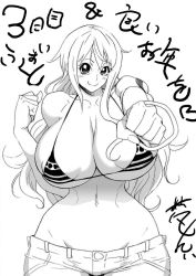 Rule 34 | 1girl, bare shoulders, bikini, bikini top only, bonten, breasts, female focus, highres, huge breasts, jewelry, looking at viewer, monochrome, nami (one piece), navel, one piece, punching, revealing clothes, simple background, sketch, smile, solo, swimsuit