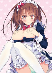 Rule 34 | 1girl, artist request, blush, breasts, breasts out, bridal garter, brown eyes, brown hair, covering privates, covering breasts, heart, heart background, highres, large breasts, long hair, looking at viewer, maid, maid headdress, original, panties, saipaco, sitting, solo, thighhighs, underwear, white panties, white thighhighs