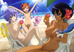 Rule 34 | 10s, 3girls, :d, absurdres, alternate hairstyle, barefoot, beach, black hair, blue eyes, blush, breasts, captain earth, chair, cleft of venus, cloud, cup, dark-skinned female, dark skin, drink, drinking, drinking glass, drinking straw, female focus, flat chest, flower, hair flower, hair ornament, hair up, hasegawa hitomi, highres, large breasts, light purple hair, light rays, lounge chair, multiple girls, mutou hana, navel, nipples, nude, nude filter, nudist, o3o, open mouth, orange hair, pitz, purple eyes, pussy, setsuna (captain earth), sky, small breasts, smile, sunbeam, sunlight, swimsuit, third-party edit, uncensored, wet, yomatsuri akari