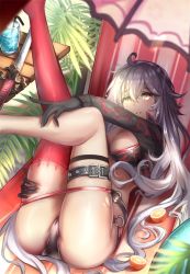 Rule 34 | 1girl, ahoge, ass, beach umbrella, bikini, black bikini, black gloves, black jacket, blush, breasts, chair, choker, cleavage, cup, day, fate/grand order, fate (series), food, fruit, glint, gloves, grey hair, hair between eyes, jacket, jeanne d&#039;arc alter (swimsuit berserker) (fate), jeanne d&#039;arc (fate), jeanne d&#039;arc alter (fate), jeanne d&#039;arc alter (swimsuit berserker) (fate), katana, large breasts, legs up, long hair, looking at viewer, lounge chair, lying, o-ring, o-ring bikini, on back, orange (fruit), outdoors, parted lips, red thighhighs, shrug (clothing), single thighhigh, solo, swimsuit, sword, table, thighhighs, tropical drink, umbrella, very long hair, weapon, yellow eyes, yusan