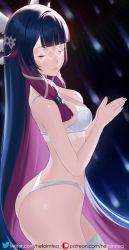 Rule 34 | 1girl, ass, bare shoulders, blue hair, blunt bangs, bra, breasts, cleavage, closed eyes, colored inner hair, columbina (genshin impact), commentary request, cowboy shot, genshin impact, helloimtea, highres, long hair, medium breasts, multicolored hair, own hands together, panties, purple hair, smile, solo, standing, underwear, underwear only, very long hair, white bra, white panties