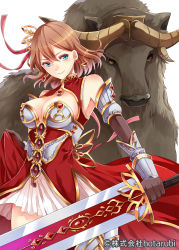 Rule 34 | 1girl, beast battle chronicle zero, blue eyes, breasts, brown hair, cleavage, cleavage cutout, clothing cutout, gloves, jewelry, large breasts, lots of jewelry, original, shina shina, short hair, solo, sword, weapon