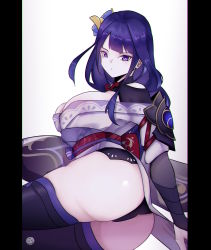 1girl absurdres armor ass braid breasts closed_mouth commentary_request flower genshin_impact hair_ornament highres japanese_clothes jrpulse kimono lace lace-trimmed_panties lace_trim large_breasts long_hair looking_at_viewer mole mole_under_eye obi obiage panties purple_eyes purple_flower purple_hair raiden_shogun ribbon sash shoulder_armor simple_background solo thighhighs thighs underwear white_background