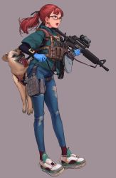 Rule 34 | 1girl, armored, assault rifle, blue eyes, blue gloves, bypos, denim, dog, earrings, full body, glasses, gloves, grey background, gun, handgun, highres, jacket, jeans, jewelry, layered sleeves, long sleeves, m16, magazine (object), open mouth, original, pants, pistol, ponytail, red hair, rifle, shoes, short over long sleeves, short sleeves, simple background, solo, standing, tagme, tongue, tongue out, torn clothes, torn jeans, torn pants, weapon, zipper, zipper pull tab