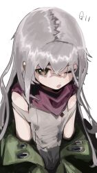 Rule 34 | 1girl, brown eyes, character name, donut 335, flat chest, g11 (girls&#039; frontline), girls&#039; frontline, green jacket, grey hair, highres, jacket, long hair, looking at viewer, off shoulder, one eye closed, open mouth, purple scarf, scarf, simple background, sleeveless, solo, upper body, white background