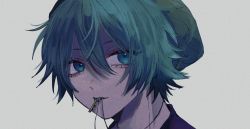Rule 34 | 1boy, aqua eyes, aqua hair, beanie, green hat, hair between eyes, hat, hiyori sou, jewelry, key, key necklace, keys in mouth, kimi ga shine, looking at viewer, male focus, mouth hold, necklace, parted lips, portrait, short hair, simple background, solo, teeth, uououoon, white background