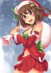 Rule 34 | 1girl, :d, absurdres, babydoll, bare shoulders, bell, blush, bow, breasts, brown eyes, brown hair, carrying, christmas, cleavage, collarbone, detached sleeves, fur trim, gift bag, gluteal fold, halterneck, halterneck, hat, hat bow, highres, long sleeves, looking at viewer, medium breasts, miniskirt, misaki yuuma, navel, open mouth, pleated skirt, red skirt, sakamiya hotaru, santa costume, santa hat, school girl strikers, short hair, shoulder carry, skirt, smile, solo, strap gap, striped, striped bow, twintails