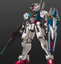Rule 34 | beam rifle, commentary, energy gun, full body, gradient background, green eyes, grey background, gundam, gundam aerial, gundam suisei no majo, holding, holding weapon, mecha, mobile suit, no humans, rabo, robot, science fiction, shield, solo, standing, v-fin, weapon