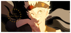 Rule 34 | 1boy, asta (black clover), black clover, copyright name, green eyes, grin, headband, highres, idylliclum, looking to the side, male focus, smile, solo, sweat, white hair