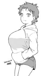 Rule 34 | 1girl, artist name, breasts, cowboy shot, dated, drawstring, from side, greyscale, hood, hood down, hoodie, huge breasts, large breasts, looking at viewer, monochrome, original, short hair, short shorts, shorts, simple background, smile, solo, thighs, tomboy, tsukudani (coke-buta), white background