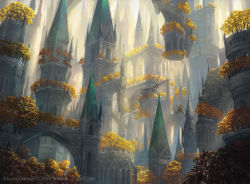 Rule 34 | alayna danner, arch, architecture, bridge, castle, city, commentary, day, english commentary, fantasy, floating island, highres, landscape, magic: the gathering, nature, official art, outdoors, pegasus, scenery, tower, tree