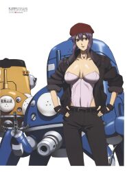 Rule 34 | 1girl, 2others, absurdres, bare legs, bare shoulders, breasts, cleavage, curvy, cyberpunk, feet out of frame, fingerless gloves, formal, ghost in the shell, ghost in the shell stand alone complex, gloves, hands on own hips, hat, highleg, highleg leotard, highres, jacket, kusanagi motoko, large breasts, leotard, leotard under clothes, lips, looking at viewer, multiple others, nishio tetsuya, non-web source, official alternate costume, official art, open clothes, pants, production ig, purple hair, robot, scan, shiny skin, short hair, smile, tachikoma, thong leotard, translation request, white background, wide hips