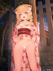 Rule 34 | 1girl, absurdres, ahoge, animal ear fluff, animal ears, artist name, blonde hair, blunt bangs, blush, bottomless, braid, breasts, cat ears, cat girl, censored, cleavage, fence, fireworks, floral print, hair ornament, hair ribbon, heart, heart ahoge, heart censor, highres, japanese clothes, kemomimi refle!, kimono, kuyukian3, large breasts, long hair, long sleeves, looking at viewer, multicolored hair, nekoma karin, night, no panties, obi, open mouth, outdoors, pink hair, red eyes, ribbon, sash, second-party source, sidelocks, solo, tongue, tongue out, tree, twin braids, virtual youtuber, wide sleeves, wing hair ornament, yukata