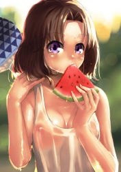 Rule 34 | 1girl, bad id, bad pixiv id, breasts, brown hair, camisole, clare (543), cleavage, eating, food, fruit, hand fan, nipples, no bra, paper fan, purple eyes, see-through, short hair, solo, sweat, tank top, uchiwa, watermelon
