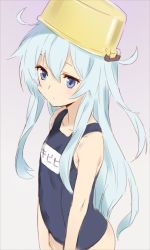 Rule 34 | 10s, 1girl, blue eyes, blue hair, closed mouth, hibiki (kancolle), kantai collection, kawata hisashi, long hair, matching hair/eyes, name tag, one-piece swimsuit, pot, pot on head, school swimsuit, simple background, solo, swimsuit