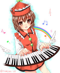 Rule 34 | 1girl, :d, blush, brown eyes, brown hair, buttons, cowboy shot, dress shirt, frilled shirt collar, frills, hat, highres, instrument, keyboard (instrument), long sleeves, looking at viewer, lyrica prismriver, musical note, open mouth, quaver, ramudia (lamyun), red hat, red shirt, red skirt, shirt, short hair, skirt, skirt set, smile, solo, star (symbol), touhou, treble clef, twitter username, white wings, wings
