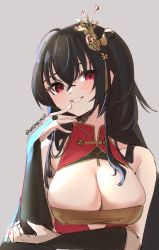 Rule 34 | 1girl, absurdres, azur lane, black gloves, black hair, blush, breasts, china dress, chinese clothes, cleavage, dress, elbow gloves, fingerless gloves, gloves, grey background, hair between eyes, hair ornament, hand to own mouth, highres, large breasts, lips, long hair, looking at viewer, official alternate costume, parted lips, red eyes, simple background, skeptycally, sketch, smile, solo, straight hair, taihou (azur lane), taihou (phoenix&#039;s spring song) (azur lane), twitter username, upper body