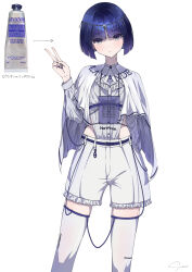Rule 34 | 1girl, belt, blue hair, bob cut, ci4, grey eyes, hair ornament, hand up, highres, inset, jewelry, long sleeves, lotion bottle, original, personification, shirt, short hair, shorts, signature, simple background, solo, thighhighs, v, white background, white shirt, white shorts