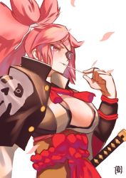 Rule 34 | 1girl, amputee, baiken, black jacket, black kimono, breasts, buttons, center opening, closed mouth, eyepatch, facial mark, forehead mark, guilty gear, guilty gear xrd, hand up, highres, jacket, jacket on shoulders, japanese clothes, katana, kimono, large breasts, long hair, multicolored clothes, multicolored kimono, obi, open clothes, open jacket, parted bangs, petals, pink eyes, pink hair, ponytail, popped collar, sash, skull, skull print, solo, sou (pale 1080), sword, unbuttoned, weapon, white kimono