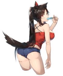 Rule 34 | 1girl, alternate costume, alternate hairstyle, animal ear fluff, animal ears, ass, bare arms, bare shoulders, black hair, blush, breasts, buruma, camisole, casual, commentary request, contemporary, cowboy shot, criss-cross halter, cropped legs, food, food in mouth, from behind, halterneck, hand up, holding, holding food, imaizumi kagerou, large breasts, leaning forward, long hair, looking at viewer, looking back, midriff, ponytail, popsicle, red eyes, sidelocks, simple background, solo, standing, suminagashi, sweat, tail, thighs, touhou, very long hair, white background, wolf ears, wolf tail