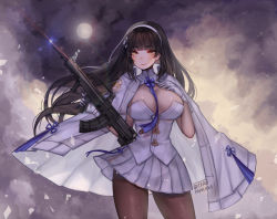 Rule 34 | 1girl, assault rifle, between breasts, black hair, blue necktie, blunt bangs, blush, breasts, brown pantyhose, bullpup, cleavage, closed mouth, commentary, contrapposto, cowboy shot, english commentary, floating hair, full moon, girls&#039; frontline, gloves, gluteal fold, gun, hairband, hand on own chest, holding, holding gun, holding weapon, jacket, jacket on shoulders, large breasts, long hair, looking at viewer, moon, necktie, necktie between breasts, pantyhose, pleated skirt, qbz-95, rifle, skirt, smile, solo, standing, terupancake, twitter username, type 95 (girls&#039; frontline), vest, weapon, white gloves, white skirt, white vest, yellow eyes