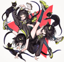 Rule 34 | 3girls, animal ears, bandaid, bandaid on face, bandaid on nose, black dress, black hair, blue socks, book, cat ears, closed mouth, dress, full body, green eyes, highres, holding, holding book, kaneni, kneehighs, long sleeves, looking at viewer, multiple girls, neck ribbon, open book, open mouth, original, puffy long sleeves, puffy sleeves, ribbon, shoes, short hair, simple background, socks, wrist cuffs