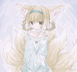 Rule 34 | 1girl, animal ear fluff, animal ears, arknights, bare shoulders, blonde hair, blue hairband, braid, closed mouth, collarbone, fox ears, fox girl, fox tail, frills, green eyes, grey ribbon, hairband, highres, kitsune, kyuubi, long hair, material growth, multicolored hair, multiple tails, off shoulder, oripathy lesion (arknights), reitoubeef, ribbon, sketch, sleeves past fingers, sleeves past wrists, solo, suzuran (arknights), tail, white hair