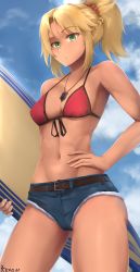 Rule 34 | 1girl, absurdres, artist name, bare arms, bare shoulders, belt, belt buckle, bikini, bikini top only, black ribbon, blonde hair, blue shorts, blue sky, blush, braid, breasts, buckle, cleavage, closed mouth, cloud, collarbone, cowboy shot, cutoffs, day, denim, denim shorts, eko.art, fate/grand order, fate (series), from below, front-tie bikini top, front-tie top, gluteal fold, green eyes, hand on own hip, highres, holding, jewelry, looking at viewer, looking down, medium breasts, mordred (fate), mordred (fate) (all), mordred (fate/apocrypha), mordred (swimsuit rider) (fate), mordred (swimsuit rider) (first ascension) (fate), navel, necklace, outdoors, ponytail, red bikini, ribbon, short hair, short shorts, shorts, sidelocks, sky, solo, stomach, surfboard, swimsuit, tan, thighs, toned
