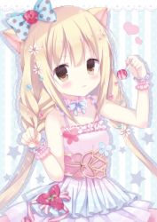 Rule 34 | 1girl, :3, absurdres, animal ears, bare shoulders, blonde hair, blue bow, blush, border, bow, breasts, brown eyes, candy, cat ears, closed mouth, commentary request, dress, fingernails, flower, food, futaba anzu, hair between eyes, hair bow, hair flower, hair ornament, heart, highres, holding, holding candy, holding food, holding lollipop, idolmaster, idolmaster cinderella girls, idolmaster cinderella girls starlight stage, kemonomimi mode, lace, lace border, lollipop, long hair, looking at viewer, low twintails, nail polish, ornate border, pink dress, pink nails, polka dot, polka dot bow, red ribbon, ribbon, saeki sora, sidelocks, sleeveless, sleeveless dress, small breasts, solo, spaghetti strap, star (symbol), striped, striped background, twintails, vertical stripes, very long hair, white flower, wrist cuffs