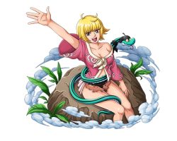 Rule 34 | 1girl, :d, arm up, blonde hair, bodskih, breasts, brown eyes, brown skirt, cleavage, collarbone, groin, large breasts, looking at viewer, marguerite (one piece), microskirt, navel, one piece, one piece treasure cruise, open mouth, shiny skin, short hair, sitting, skirt, smile, snake, solo, transparent background
