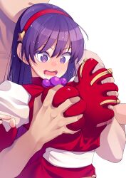 Rule 34 | 1boy, 1girl, absurdres, asamiya athena, blush, breasts, chinese clothes, constricted pupils, fingerless gloves, gloves, grabbing, grabbing another&#039;s breast, grabbing from behind, groping, highres, large breasts, long hair, open mouth, purple eyes, purple hair, snk, surprised, the king of fighters, wide-eyed