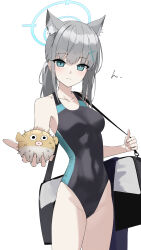 Rule 34 | absurdres, animal ear fluff, animal ears, bag, black one-piece swimsuit, blue archive, blue eyes, breasts, competition swimsuit, covered navel, cowboy shot, cross hair ornament, extra ears, fish, grey hair, hair ornament, halo, highres, holding, looking at viewer, low ponytail, medium breasts, medium hair, mismatched pupils, multicolored clothes, multicolored swimsuit, official alternate costume, one-piece swimsuit, puffer fish, shiroko (blue archive), shiroko (swimsuit) (blue archive), simple background, swimsuit, takkun0926, white background, wolf ears