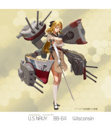 Rule 34 | 10s, 1girl, blonde hair, braid, breasts, covered erect nipples, elbow gloves, french braid, gloves, hair ribbon, jeanex, kantai collection, large breasts, long hair, machinery, mary janes, military, military uniform, original, pacific (kancolle), purple eyes, rapier, ribbon, shoes, solo, sword, uniform, united states, uss wisconsin, uss wisconsin (bb-64), weapon