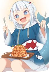 Rule 34 | + +, 1girl, :d, animal costume, blue eyes, blue hair, blush, commentary, drooling, english commentary, fins, fish skeleton, fish tail, food, fork, gawr gura, gawr gura (1st costume), hair ornament, hairclip, highres, holding, holding fork, hololive, hololive english, hood, hood down, long sleeves, medium hair, mouth drool, muku (muku-coffee), multicolored hair, open mouth, plate, pouch, salmon, shark costume, shark tail, sharp teeth, simple background, smile, solo, sparkle, streaked hair, tail, teeth, too much food, tray, two-tone hair, two side up, virtual youtuber, white hair, wide sleeves